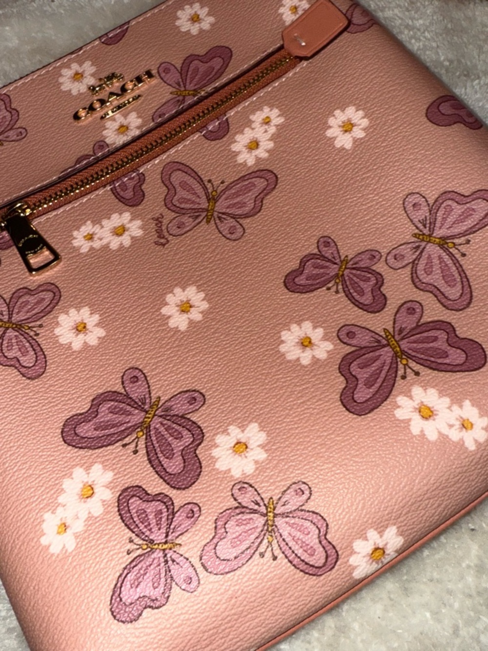 Y2K Coach Pink Mini Rowan File Pink Butterfly Daisy Floral Crossbody Bag Hangtag - Picture 12 of 13